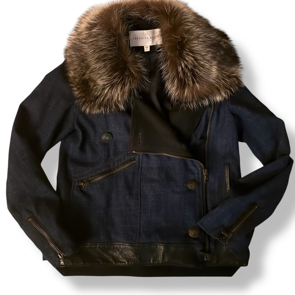 Veronica Beard Jacket with Fur Collar genuine leather trim real fur removable - Picture 2 of 10